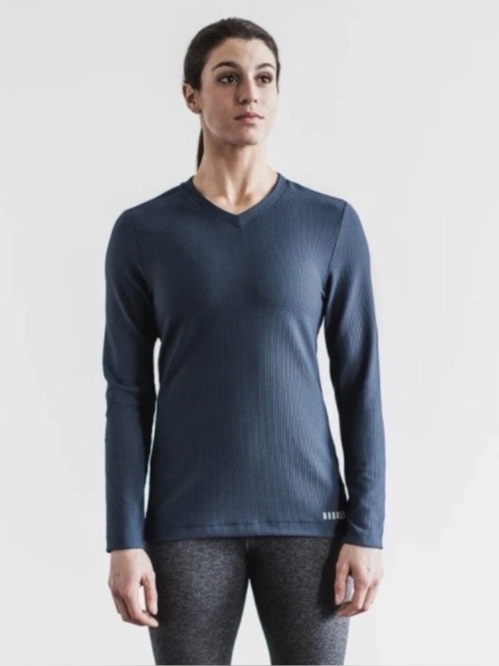 NOBULL Women's V-Neck Long Sleeve Waffle Sweater - Navy Blue